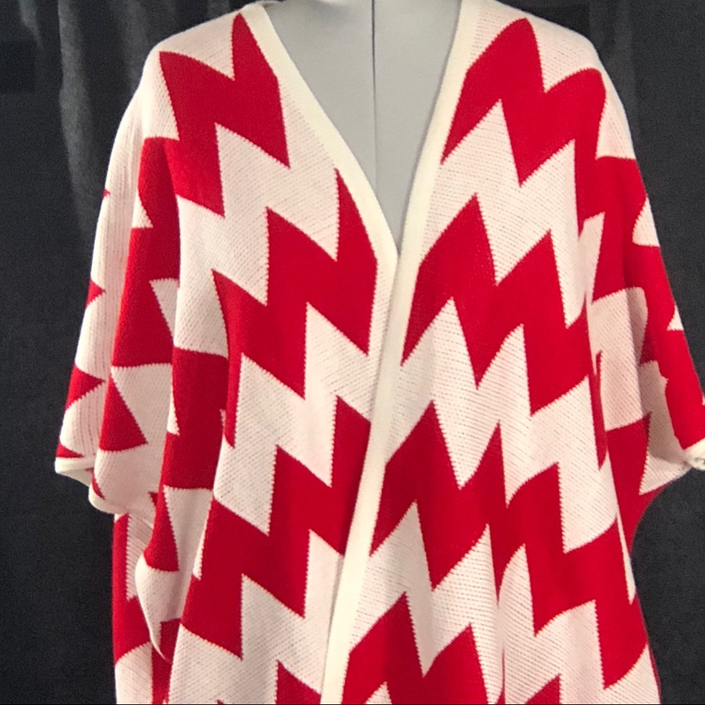 Coco Love Acrylic Cardigan Shawl Red Cream Chevron
